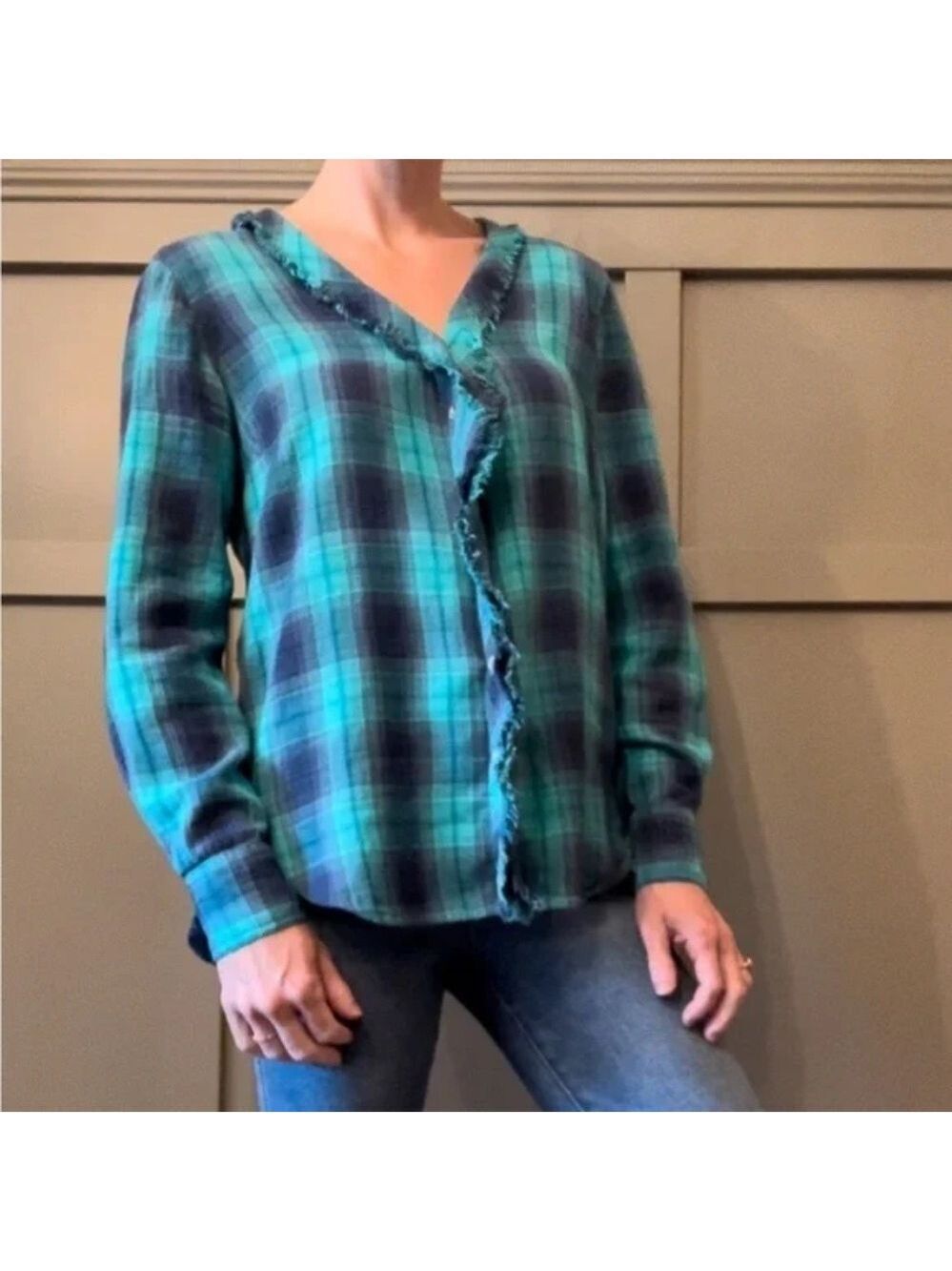 Sundance Plaid Flannel Button Down Shirt Ruffle Fringe Long Sleeve Cotton Sz XS